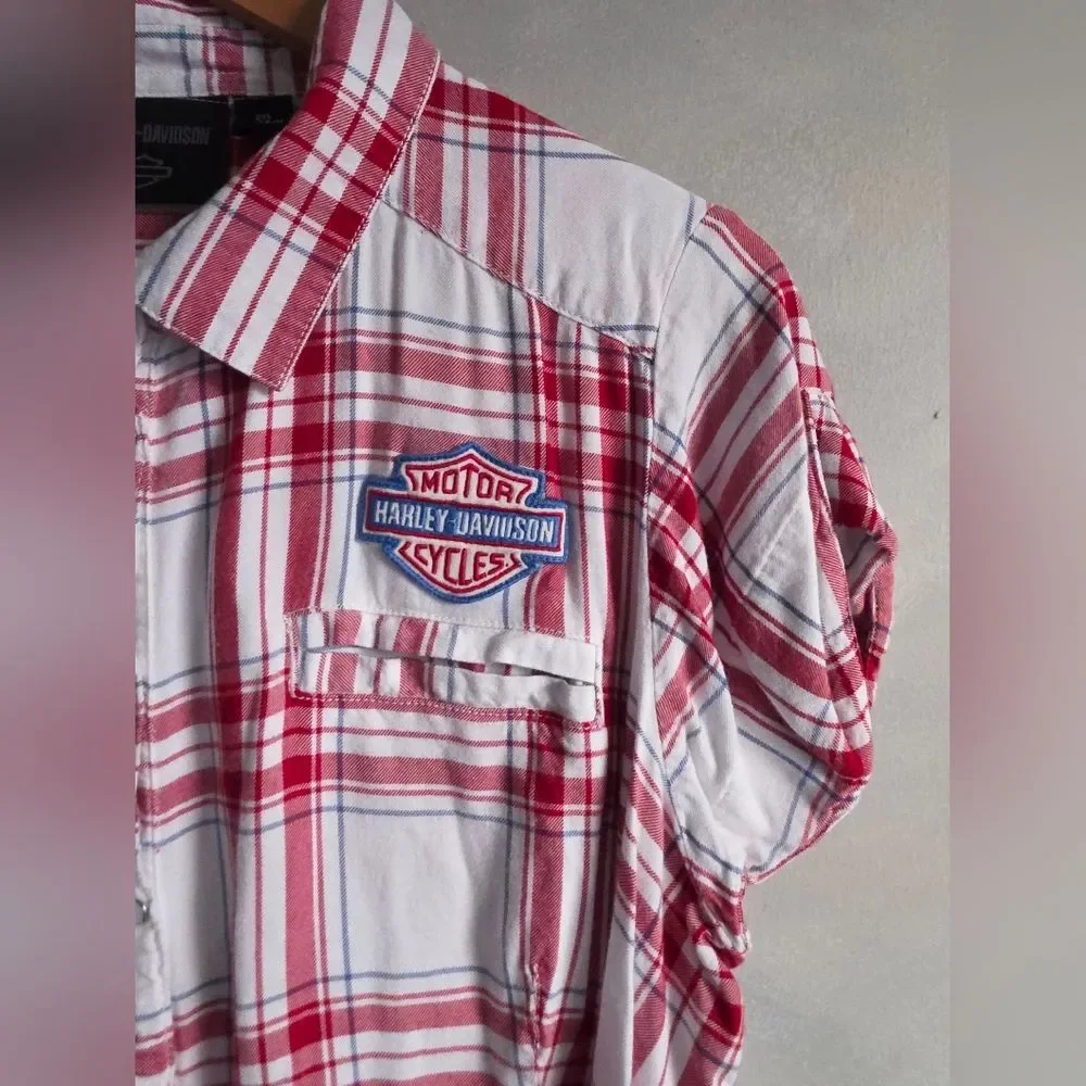 Harley-Davidson Womens Shirt Woven Red White Blue Plaid Garage Style Top 2XL